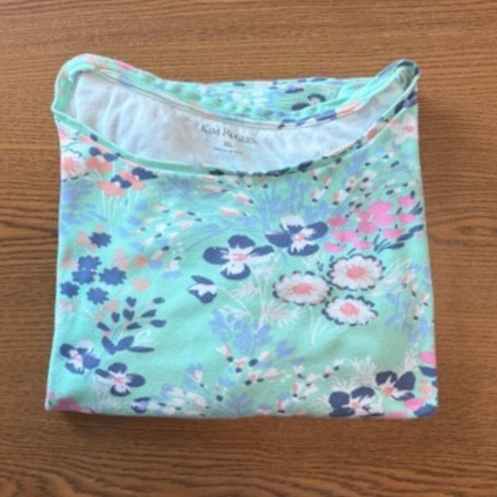 Kim Rogers Sage Green Floral Short Sleeve Top with Ruffled Sleeves